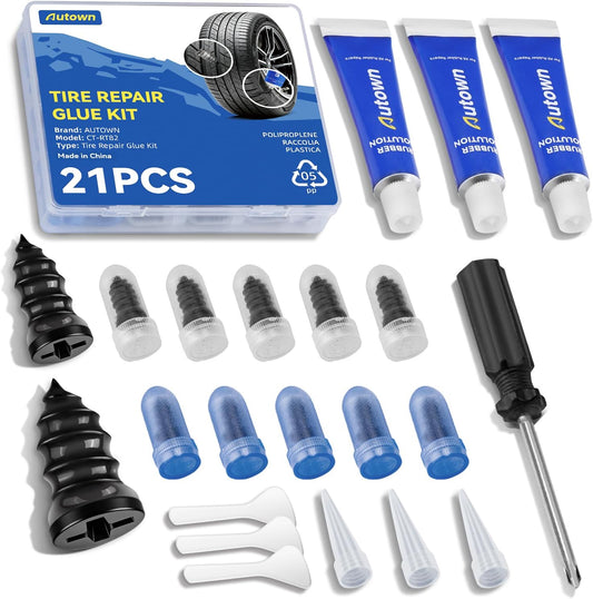 AUTOWN 21PCS Tire Repair Rubber Nail Kit - Complete Screw Plug Kit with Glue, Fast Fix for Flat Tires on Car, Truck, Motorcycle, SUV & More