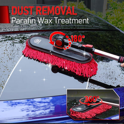 Car Duster Exterior Scratch Free with Extendable Handle, Microfiber Car Cleaning Brush for Dust Removal + Small Detailing Brush for Interior Care