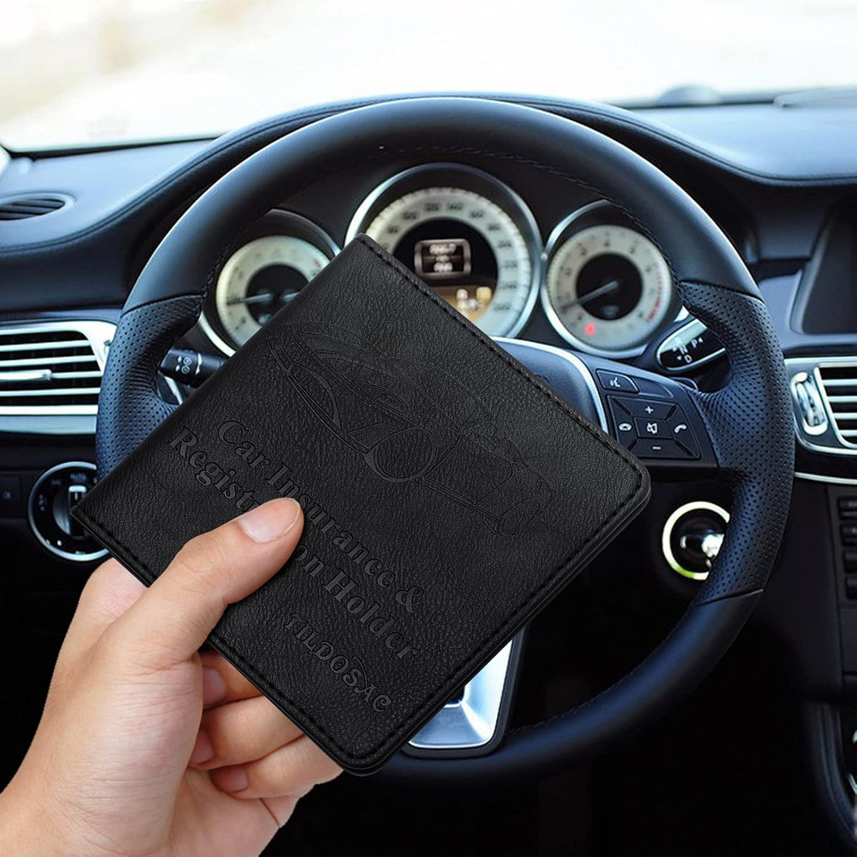 TILDOSAC Leather Car Registration and Insurance Card Holder, Car Document Holder for Cards License with Magnetic Shut (Black, large)