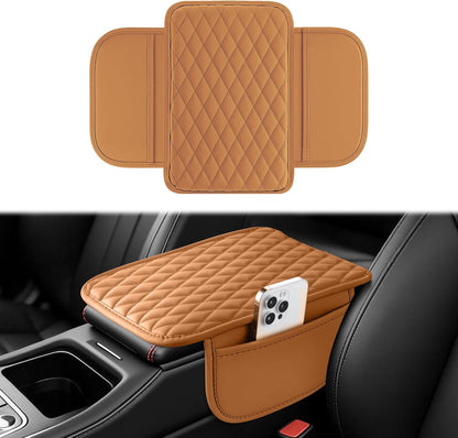 Amiss Car Center Console Cover, Upgraded Leather Car Armrest Cushion with 2 Storage Pockets, Universal Waterproof Cushion Pad, Non-Slip Car Interior Accessories, Fits Most Sedans SUVs Trucks (Black)