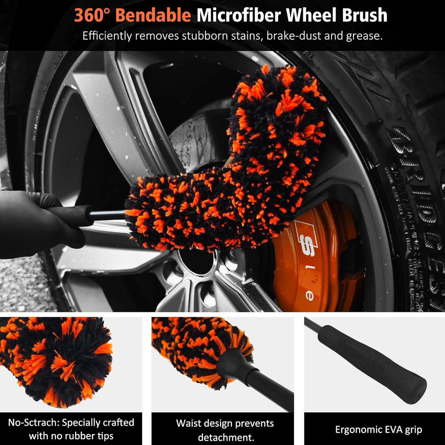 YeewayVeh 3PCS Quick Car Wheel Brush Kit, 2-Size 360° Bendale Rim Cleaner Brushes, Boars Hair Detailing Brush, Fast Scratch-Free Cleaning for Car Wheels, Motorcycle, Orange