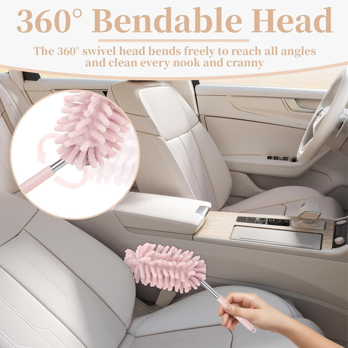 2 PCS Car Interior Duster with Extension Pole, Microfiber Car Duster with Bendable Head, Car Accessories Dusters Exterior&Interior Scratch Free, for Cleaning of Vehicle Details, Offices, Windows(Pink)