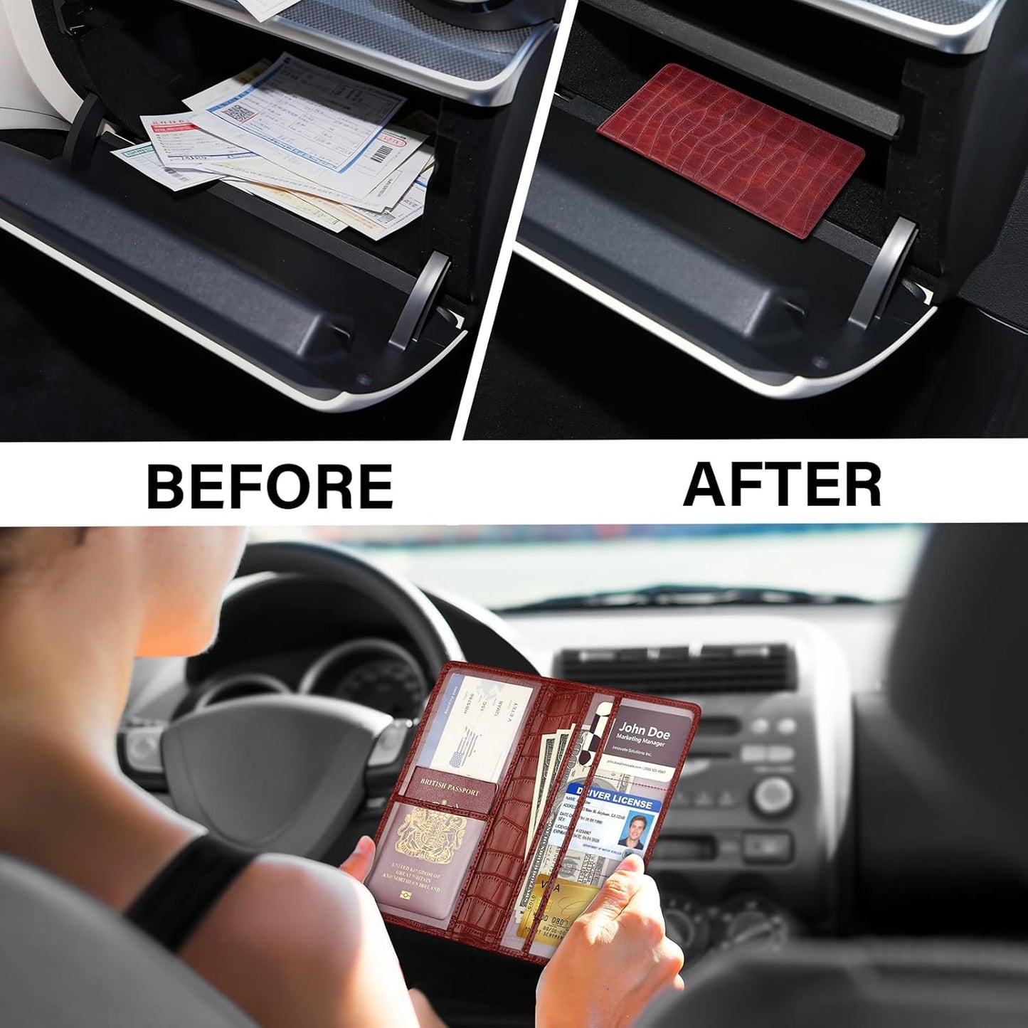 Car Registration and Insurance Holder, Black Vehicle Glove Box Car Organizer with Magnetic Closure for Documents, Cards, License Car Organization, 1 Pack