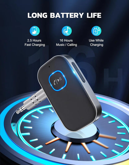 COMSOON Bluetooth Receiver for Car, Noise Cancelling 3.5mm AUX Bluetooth Car Adapter, Wireless Audio Receiver for Home Stereo/Wired Headphones, Hands-Free Call, 16H Battery Life - Black+Silver