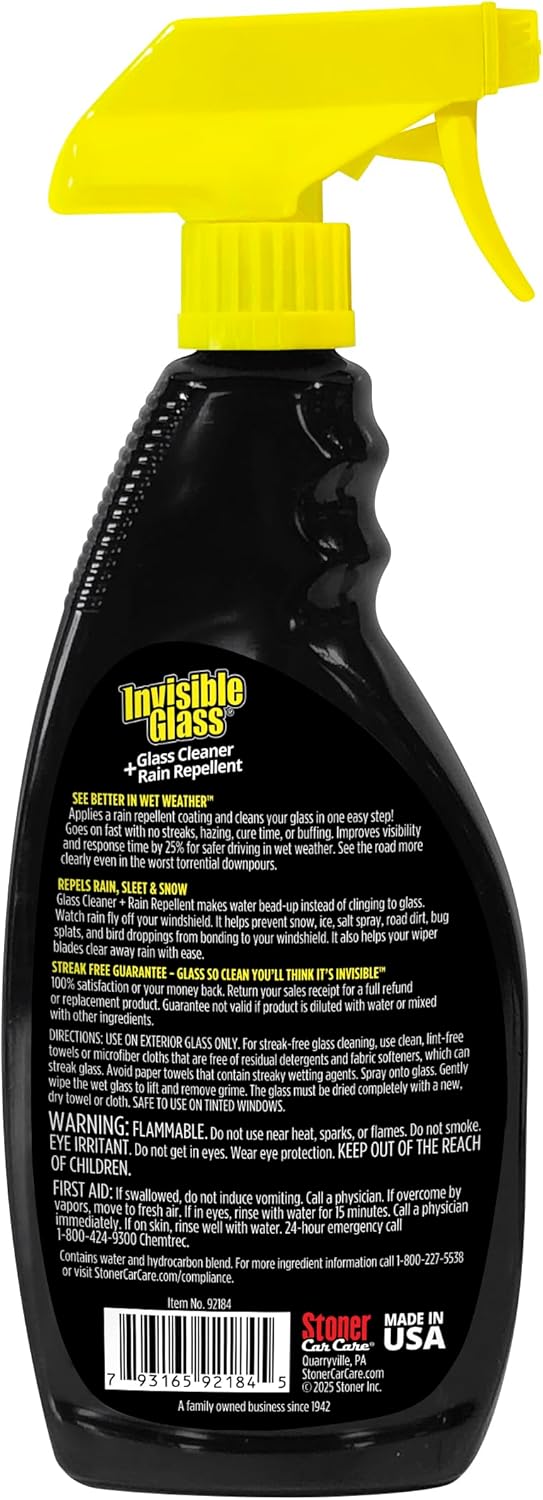 Invisible Glass 92184 Glass Cleaner + Rain Repellent 2-in-1 Windshield and Window Spray, Cleans Auto Glass, Repels Rain, Sleet, Snow, Improves Wet Weather Visibility – 22 fl oz