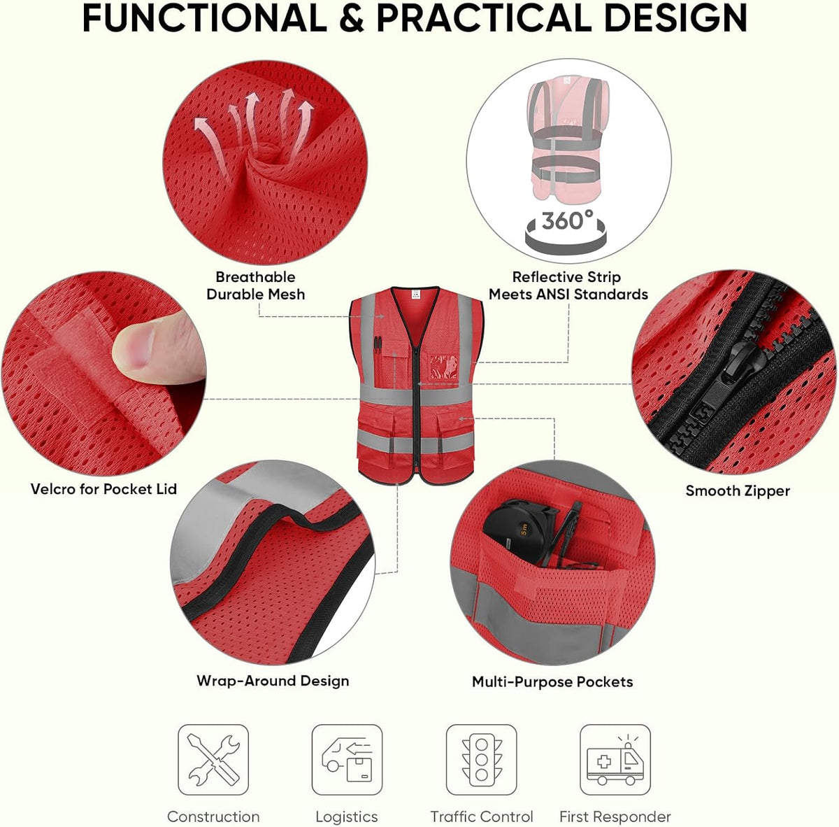 TICONN Reflective Safety Vest High Visibility Class II Mesh Vest for Women & Men Meets ANSI Standards