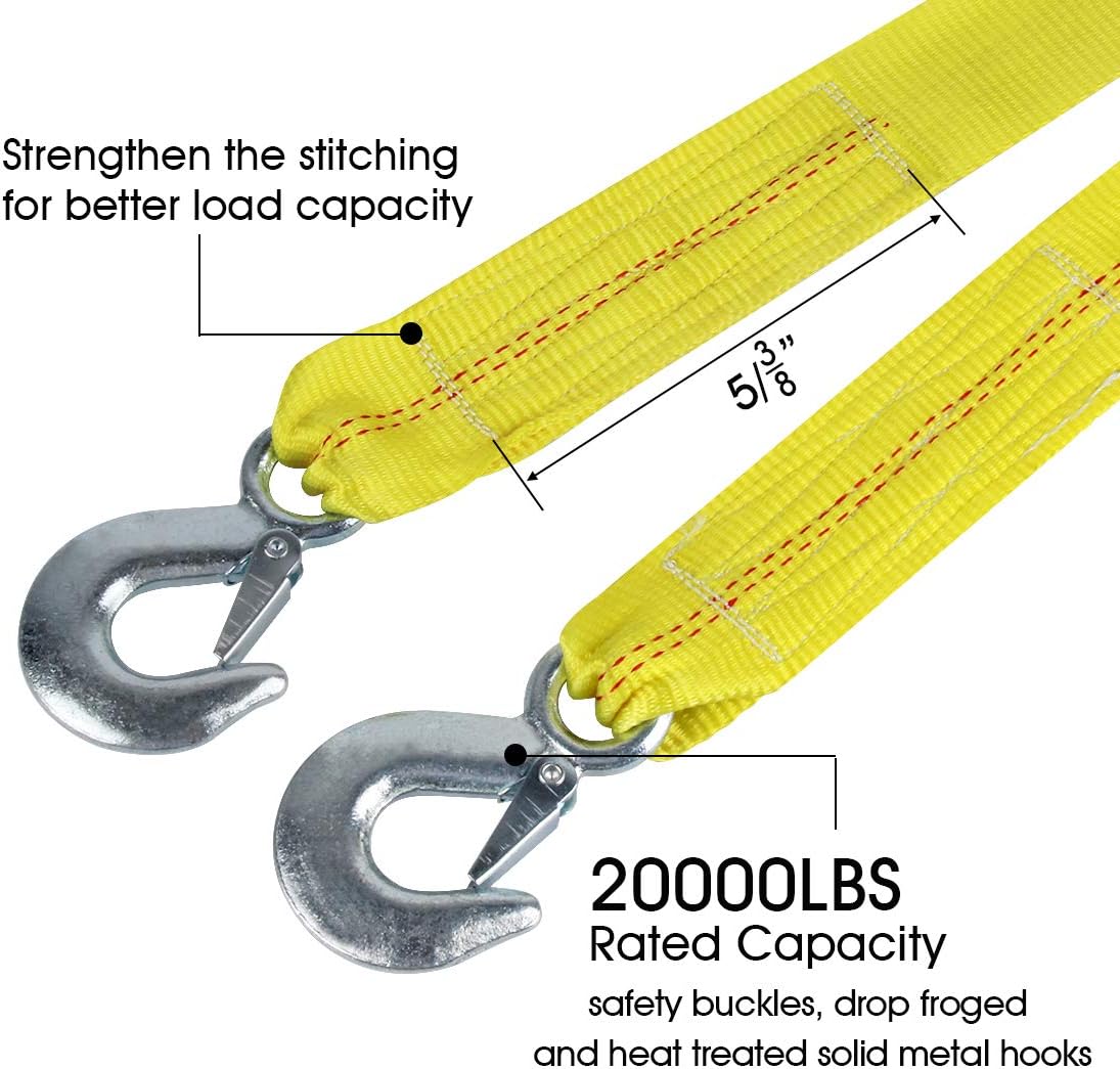 Tow Strap with Hooks 2in X20Ft Recovery Strap 10,000LB Break Strengthened Towing Rope for Towing Vehicles in Roadside Emergency
