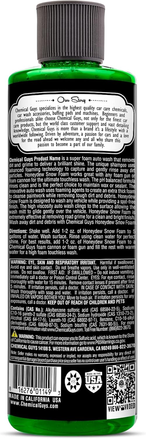 Chemical Guys Car Wash Soap for Foam Cannon or Bucket, Honeydew Snow Foam Car Wash Soap for Trucks, Motorcycles, RVs & More, Super Suds, Honeydew Scent - 128 oz (1 Gallon)