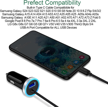 USB C Car Charger, 3.4A Fast Charging Car Charger for Samsung Galaxy S26 S25 Ultra S24 FE S23 S22 S21 S20 S10E S9 S8 Note 20 10 A16 A15 A14 A56 A36 A26 A50 A20 A51 A71 A21 A10E, with 3ft Type C Cable