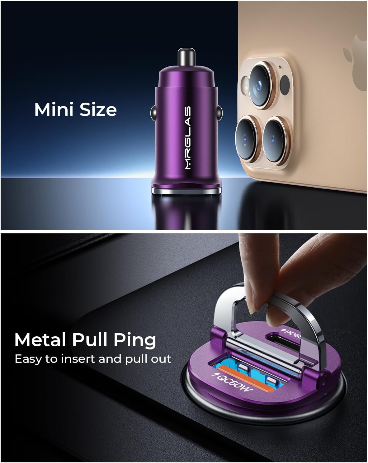 【Upgraded】 125W Car Charger USB C Super Fast Charging, [PD65W & QC60W][All Metal] MRGLAS Cigarette Lighter Car Charger, Car Electrical Accessories for iPhone 17 Pro Max iPad Samsung S26 S25 Pixel 10