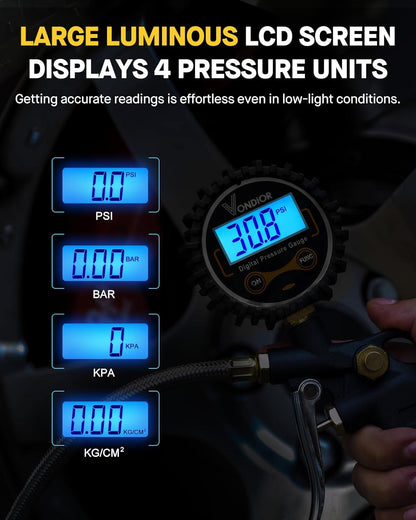 Tire Pressure Gauge - (0-60 PSI) Heavy Duty, Certified ANSI Accurate with Large 2 Inch Easy to Read Glow Dial, Low - High Air Pressure Gauge. Tire Gauge for Car and Trucks Tires by Vondior