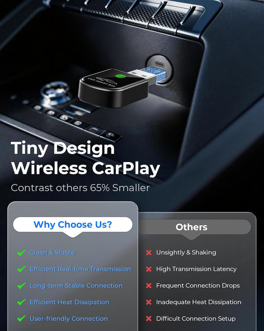 Wireless Carplay Adapter for iPhone Latest Upgrade, Tiny Bluetooth Dongle Convert Wired to Wireless for Apple Car Play Plug & Play, Zero-Lag Auto-Connect GPS Works With 2016+ Car(Ebony Black)