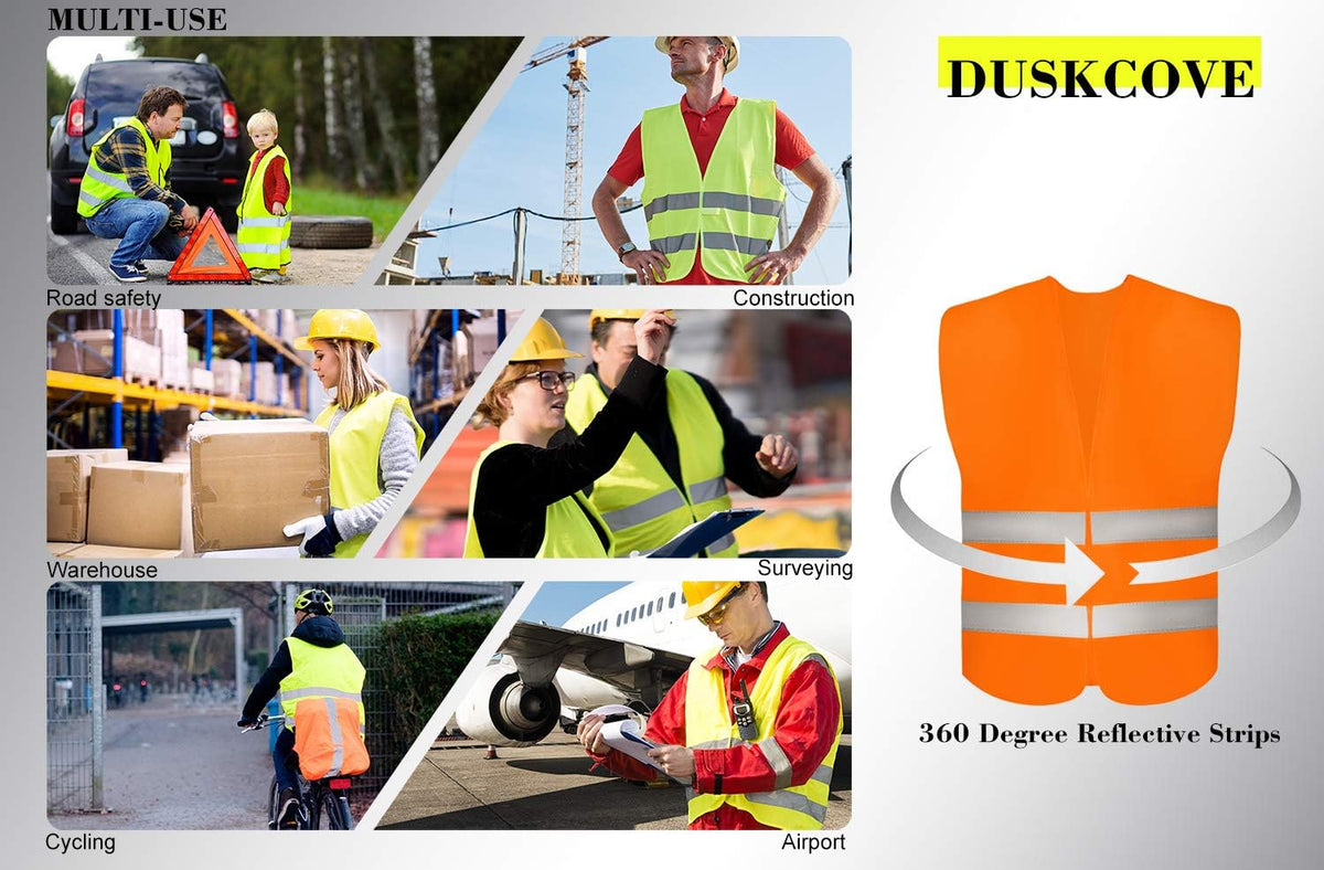 DUSKCOVE 10 Pack High Visibility Safety Vest for Traffic Work, Running, Surveyor and Security Guard - Construction Vest with 2 Reflective Strips, Made from Breathable and Neon Yellow Mesh Fabric