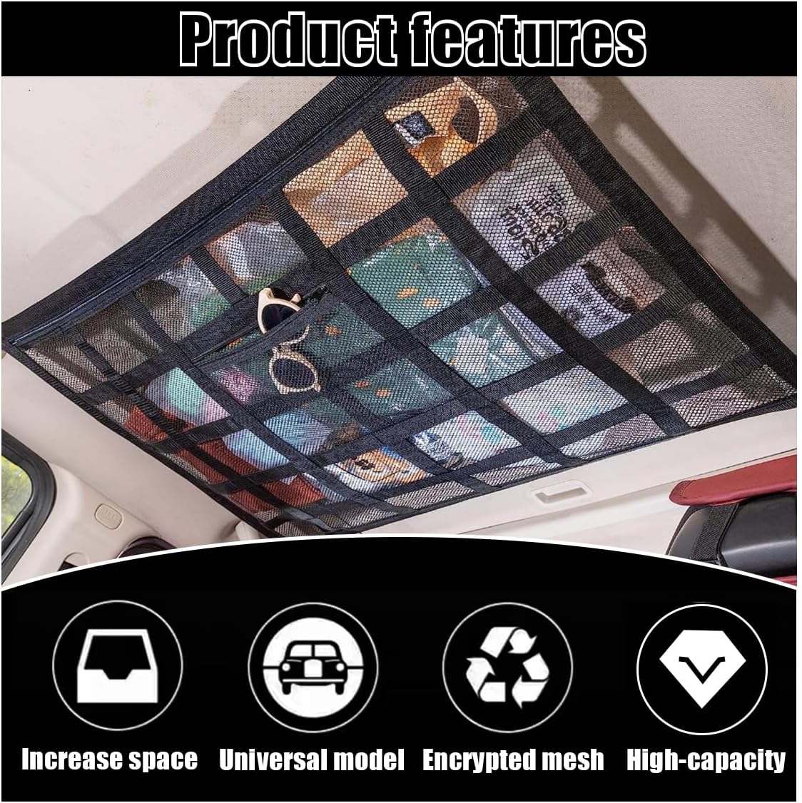 Car Ceiling Cargo Net Pocket, 30" x 21.2", Droop Less Car Storage Organizer, Strengthen Load Bearing Double Layer Mesh Organizer, SUV, Trucks, Camping, Road Trip Essentials