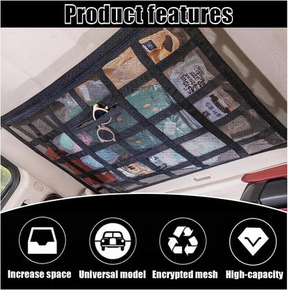 Car Ceiling Cargo Net Pocket, 30" x 21.2", Droop Less Car Storage Organizer, Strengthen Load Bearing Double Layer Mesh Organizer, SUV, Trucks, Camping, Road Trip Essentials
