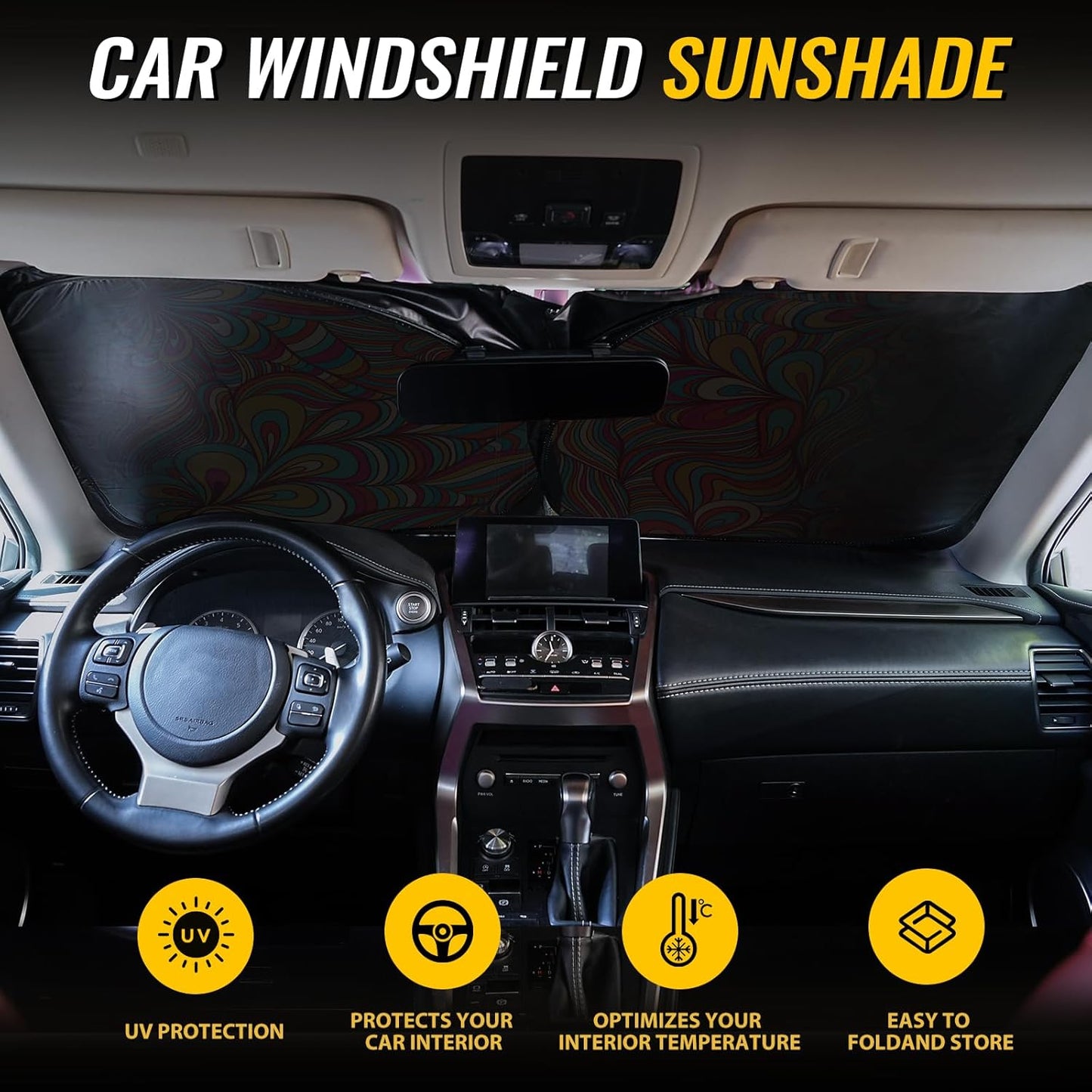 Car Windshield Sun Shade - Reflector Sunshade Offers Ultimate Protection for Car Interior, Cool Reflective Sun Blocker Fits Small Sedans, Mini SUVs