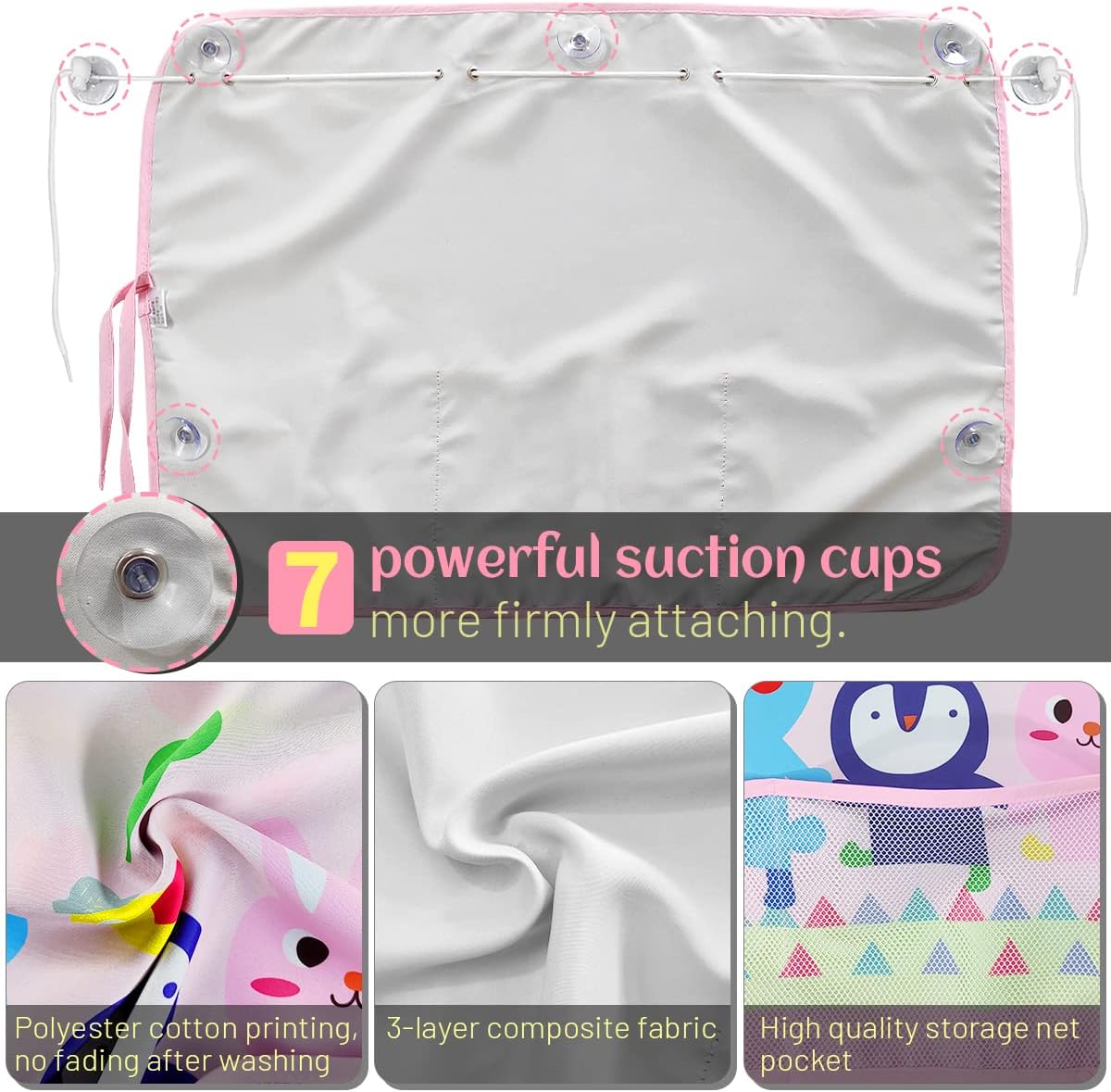 Car Sun Shade Side Window, 2 Pcs Blackout Car Window Shade for Baby Privacy with Storage Net Pockets Auto Curtains 7 Suction Cups for Heat/UV Protection Sun Block Covers