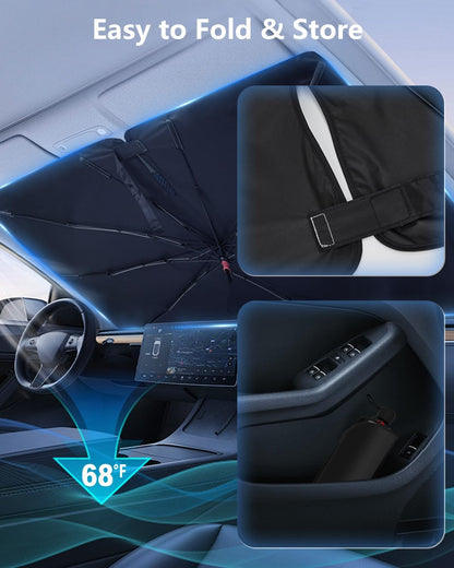 Windshield Sun Shade Umbrella for Car, Foldable Car Windshield Sunshade UV Block Heat Insulation, Fits Sedan SUV Truck, Compatible with Camry Accord Civic CRV Model Y Ideal Gifts for Men & Women