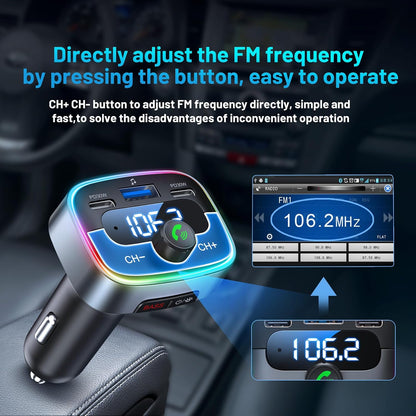 Bluetooth 5.4 Car Adapter 60W Charging USB Bluetooth Adapter for Car,Wireless Fm Transmitter Radio,Handsfree Calling and Audio Receiver,HiFi Music Player,7 Colors LED Backlit