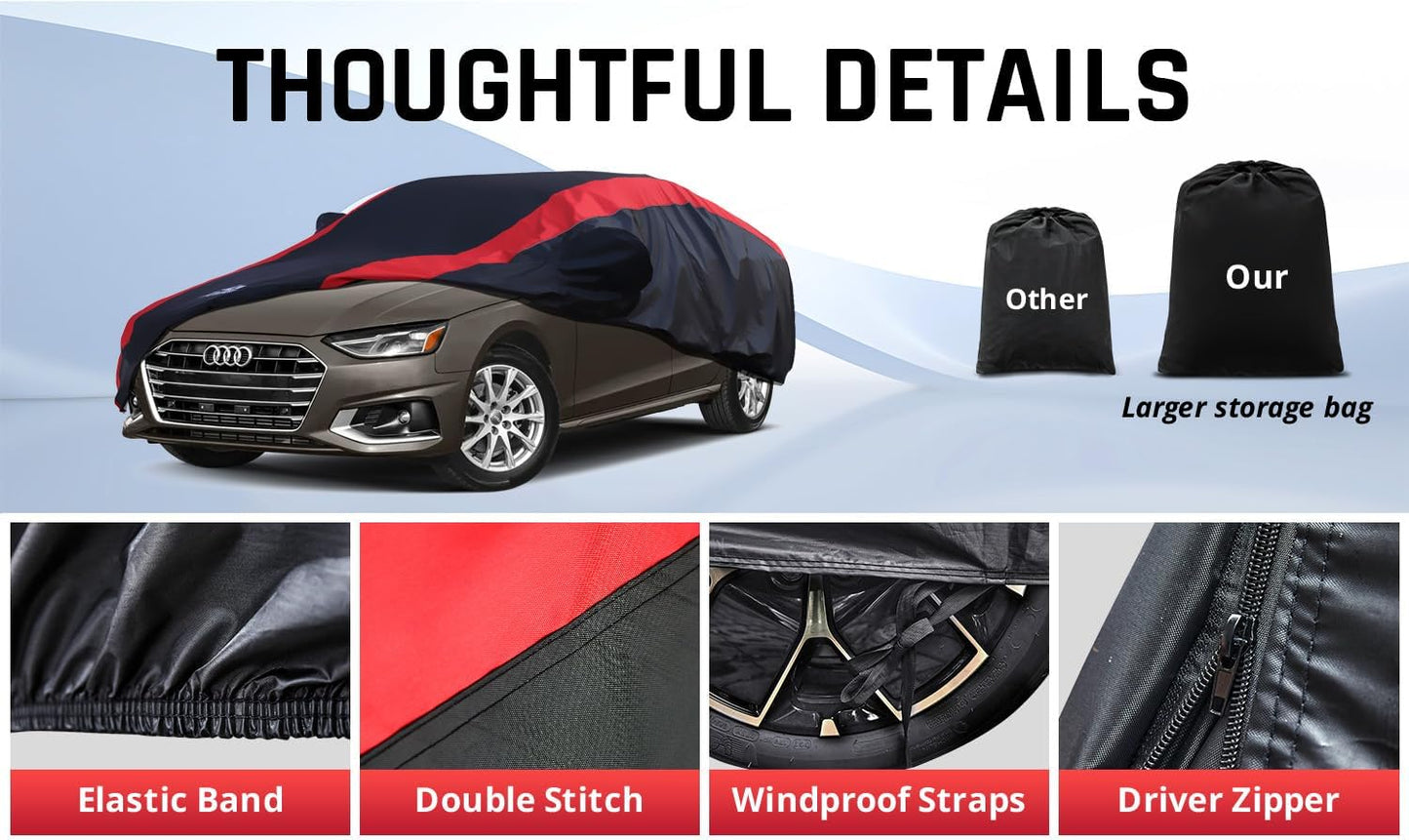 Car Cover Waterproof All Weather Protection with Red Stripe Design, Universal Fit Toyota Camry Solara, Ford Fusion, Kia Stinger Optima, Nissan Maxima, VW Passat, Subaru Legcy