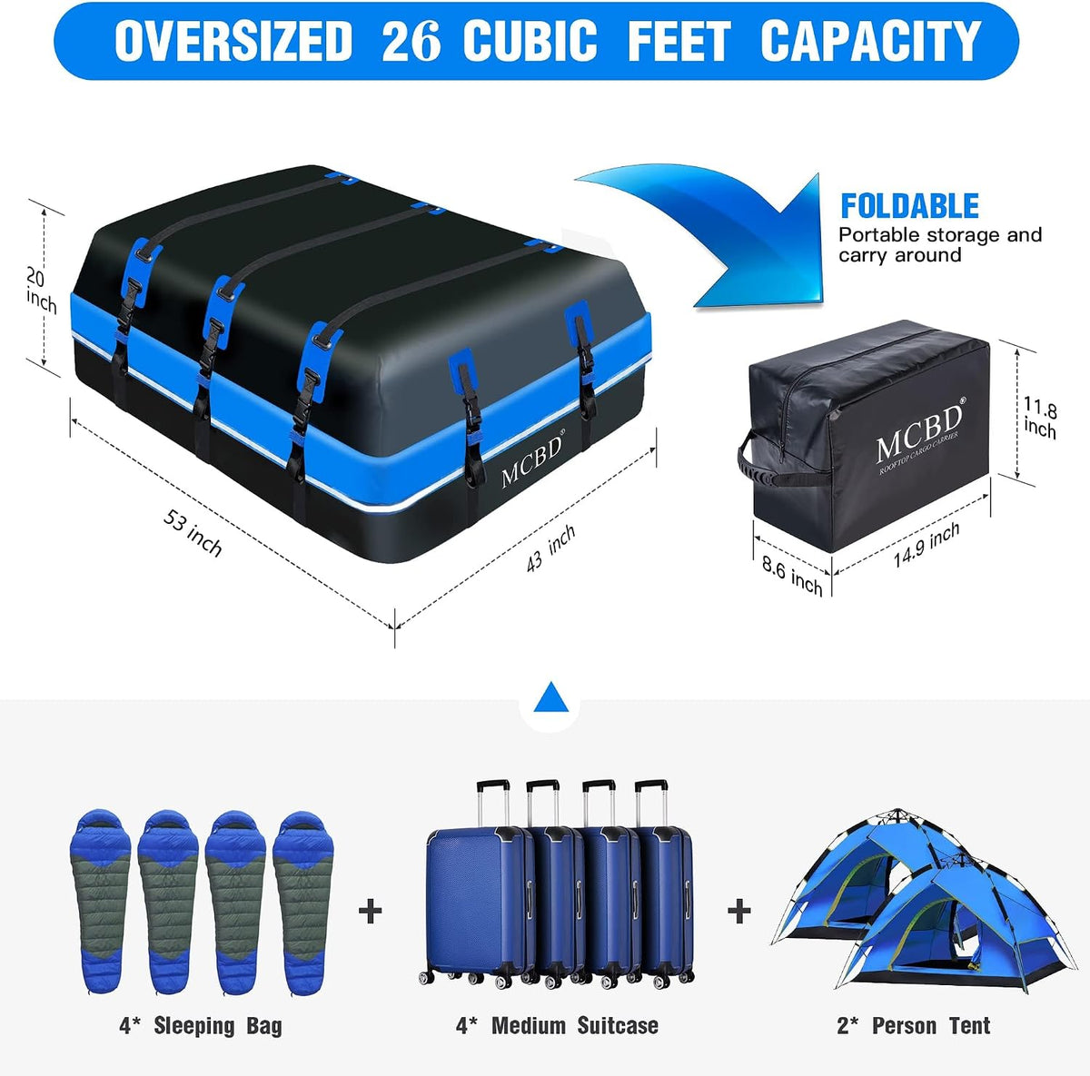 Rooftop Cargo Carrier, 21 Cubic Feet Soft-Shell Waterproof Car Roof Luggage Bag for All Vehicles SUV with/Without Rails, Includes 10 Reinforced Straps + 6 Door Hooks,Storage Bag,Anti-Slip Mat