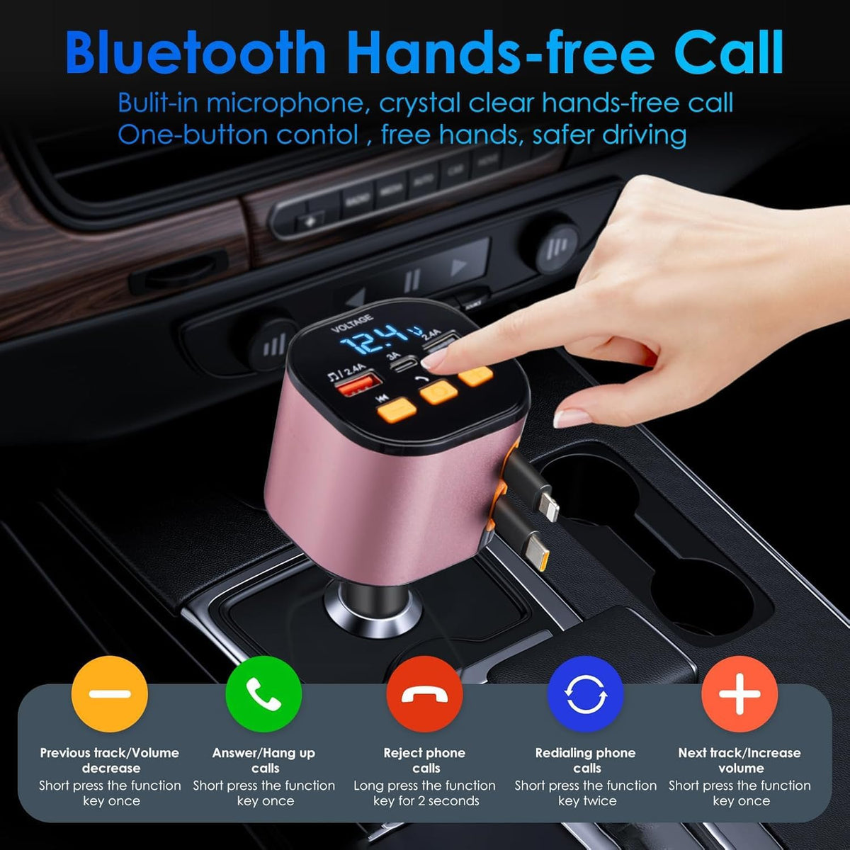 Retractable Car Charger,5 in 1 Fast Cars Phone Charger 90W,Bluetooth 5.3 FM Transmitter Adapter,Handsfree Call,2 Retractable Cables and USB Chargers for iPhone17/16 15/14/13