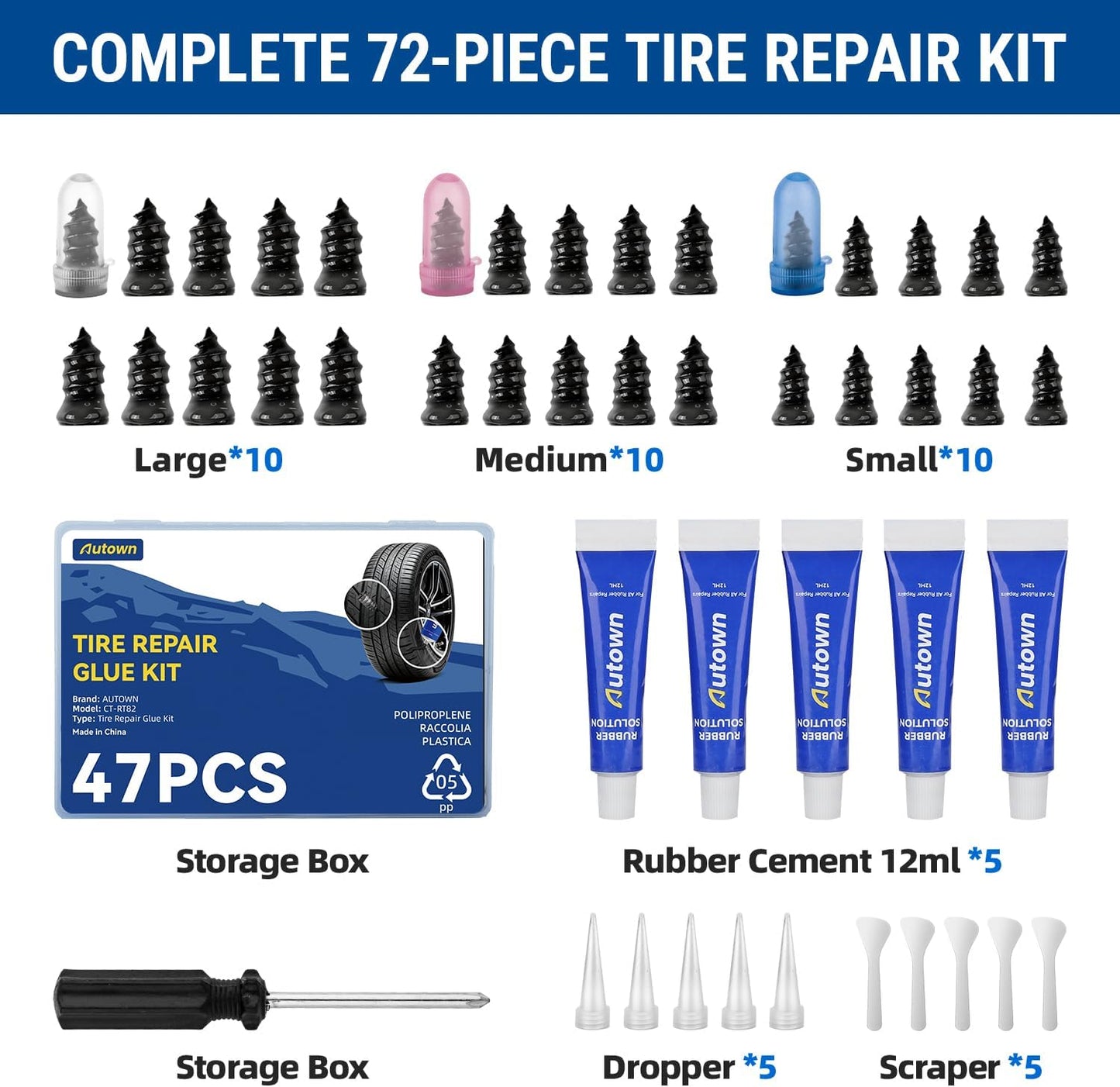 AUTOWN 21PCS Tire Repair Rubber Nail Kit - Complete Screw Plug Kit with Glue, Fast Fix for Flat Tires on Car, Truck, Motorcycle, SUV & More
