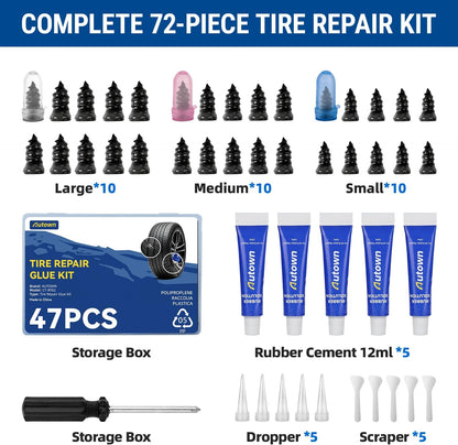 AUTOWN 21PCS Tire Repair Rubber Nail Kit - Complete Screw Plug Kit with Glue, Fast Fix for Flat Tires on Car, Truck, Motorcycle, SUV & More