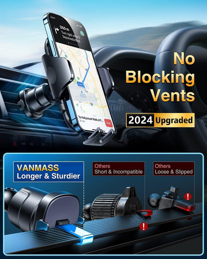 [True Military-Grade] Car Phone Holder VANMASS [Upgraded Strongest Suction&Clip] Cell Phone Mount for Dashboard Windshield Vent Kit, Truck Cradle Stand for iPhone 17 Pro Max 16 15 14 Android,Ink Black