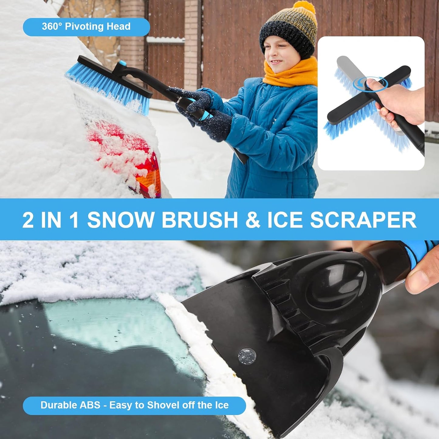 43" Ice Scraper for Car Windshield, Snow Brush with Squeegee, 3 in 1 Snow Removal for Cars with Foam Grip and 180° Pivoting Brush Head for Auto Truck SUV