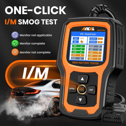 ANCEL AD410 PRO OBD2 Scanner and Battery Tester, 2-in-1 Car Diagnostic Tool, Check Engine Light, EVAP Test, Live Data, 12V Battery Analyzer with Cranking & Charging System Test for Car Motorcycle