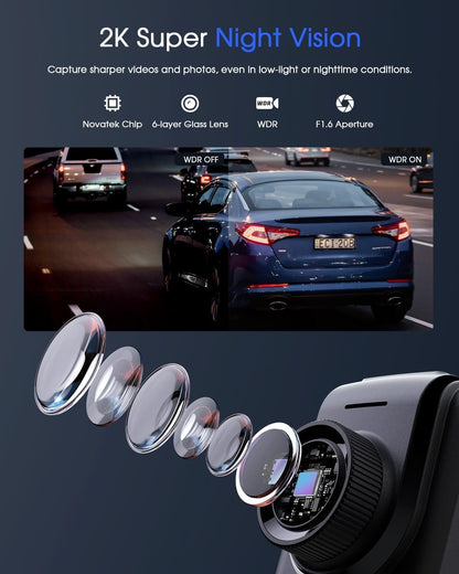 2K Dash Cam with 32 GB Card, 1.5'' IPS Screen, External GPS, WiFi Dash Camera for Cars, Front Dashcams for Cars with APP, WDR, Night Vision, 24 Hours Parking Monitor, G-Sensor, Loop Recording