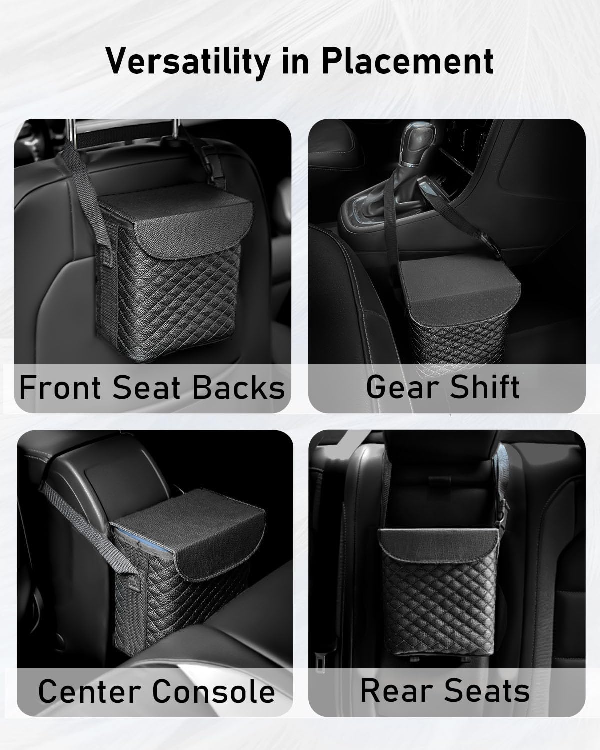 BELINOUS Leather Car Trash Can with Matching Tissue Holder, Waterproof and Leakproof Mini Car Trash Can with Lid, Small Garbage Bin with Adjustable Strap