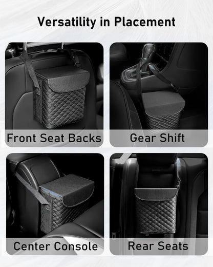 BELINOUS Leather Car Trash Can with Matching Tissue Holder, Waterproof and Leakproof Mini Car Trash Can with Lid, Small Garbage Bin with Adjustable Strap