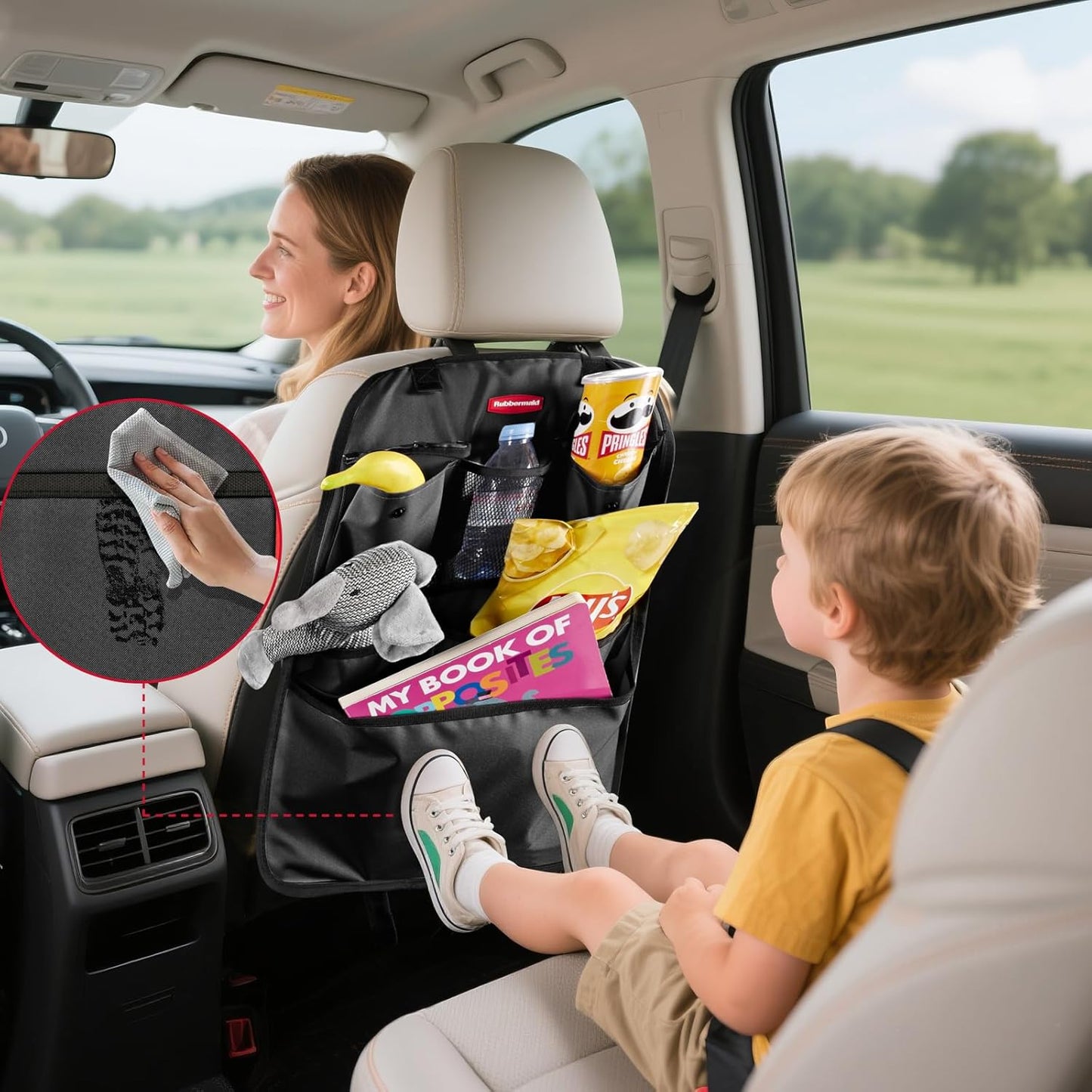 Rubbermaid Backseat Car Organizer, Kick Mats and Seat Back Protector, Car Organizer for Kids with 6 Storage Pockets, Travel Essentials for SUV, Truck, Car - 2 packs Gray