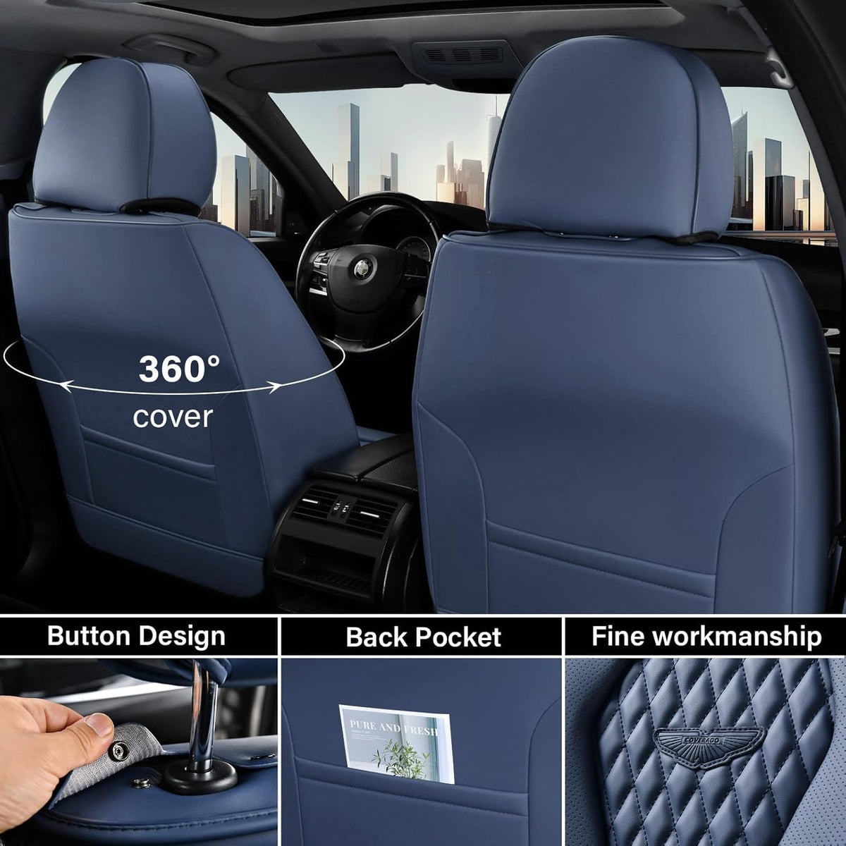 Coverado Seat Covers, Car Seat Covers Full Set, Black Car Seat Cover, Car Seat Covers Front Seats Back Seat Cover, Waterproof Car Seat Cushion, Leather Seat Covers Seat Protector Fit for Most Cars
