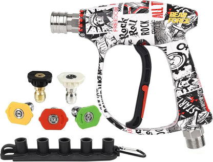 BEAR FORCE Pressure Washer Short Spray Gun M22-ID14mm Max 3000 PSI & Foam Cannon Foam Gun with 5 Tips #035 & 3/8'' Quick Connector Swivel, Additional Orifice Nozzle 1.10mm, Car Care Detailing