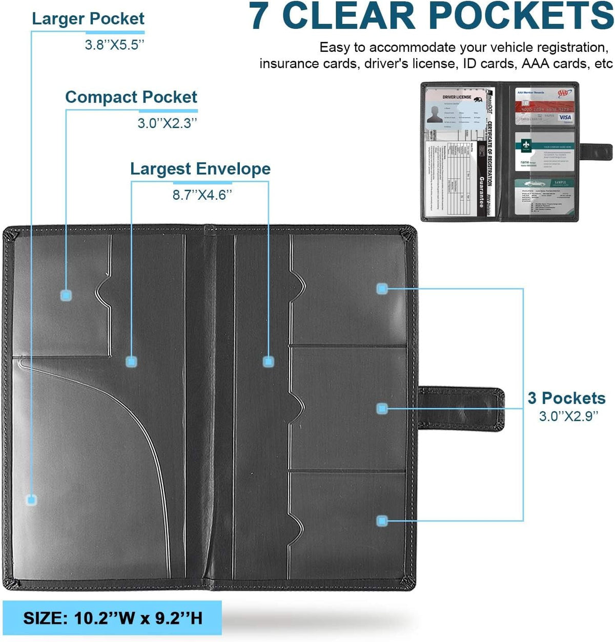 GNEGNI Car Registration and Insurance Holder, Premium PU Leather, 7-Pocket Vehicle Glove Box Car Organizer with Magnetic Closure for Driver License, Cards, 5.12" x 9.25