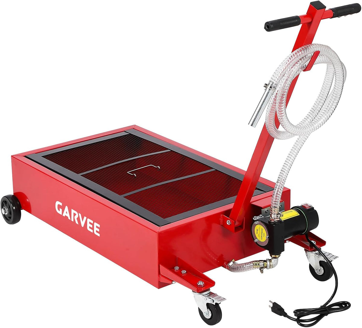 Garvee 20 gal Oil Drain Pan Oil Drain Tank, 76 L Low Profile Oil Drain Pan, Large Capacity Oil Change Pan with Manual Pump & T Foldable Hand and Wheels, 8 ft Hose Oil Drain Cart for Car, SUV, Trucks