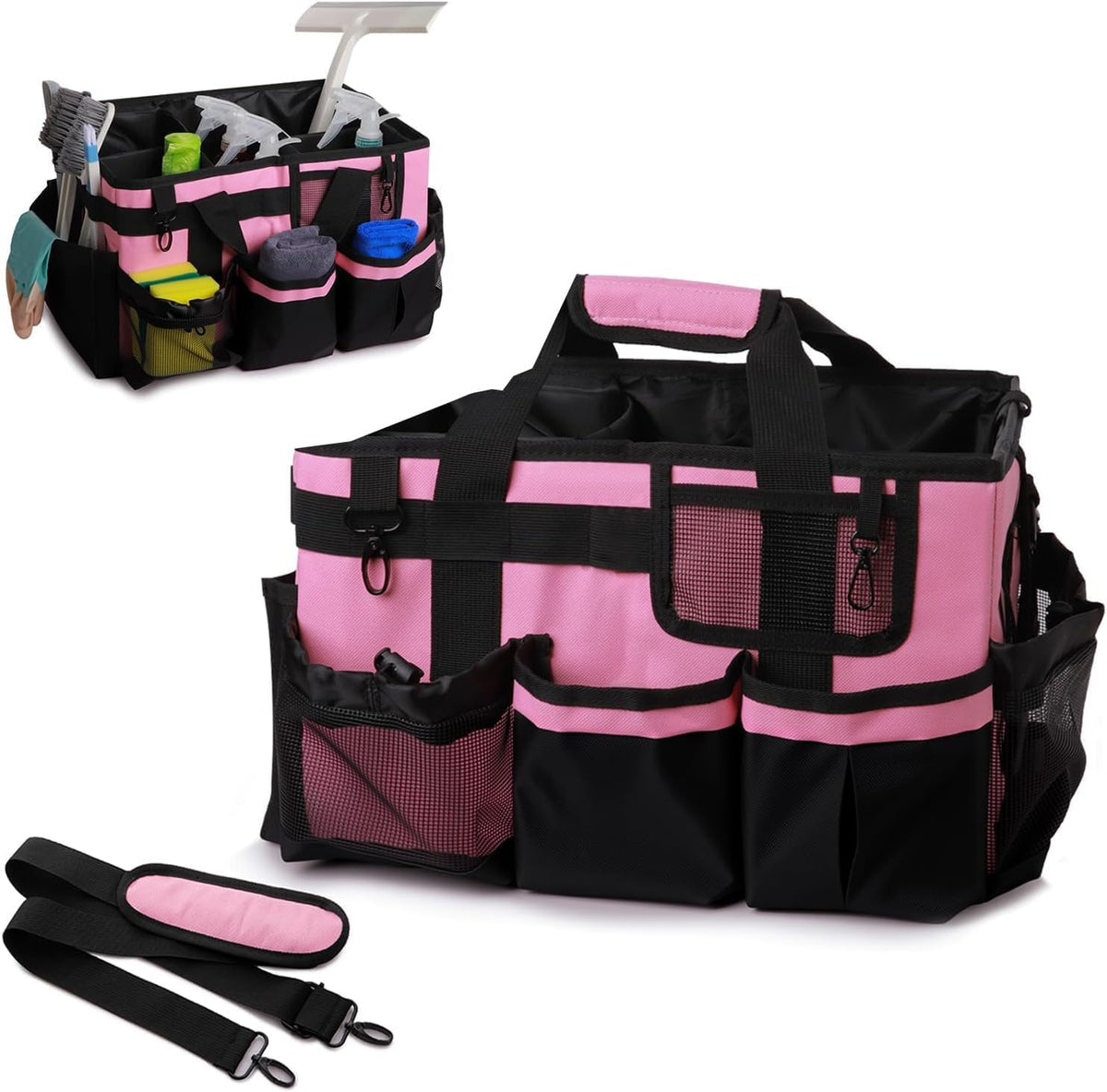Large Cleaning Caddy Bag with Built-in Support Board, Wearable Cleaning Supplies Organizer with Adjustable Shoulder Strap & Waist Belt, Waterproof Heavy Duty Tote for Housekeepers Car Detailing