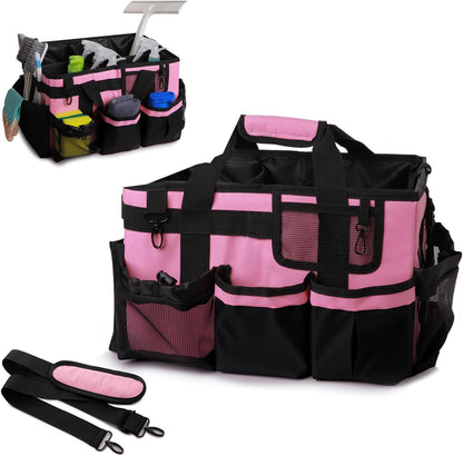Large Cleaning Caddy Bag with Built-in Support Board, Wearable Cleaning Supplies Organizer with Adjustable Shoulder Strap & Waist Belt, Waterproof Heavy Duty Tote for Housekeepers Car Detailing