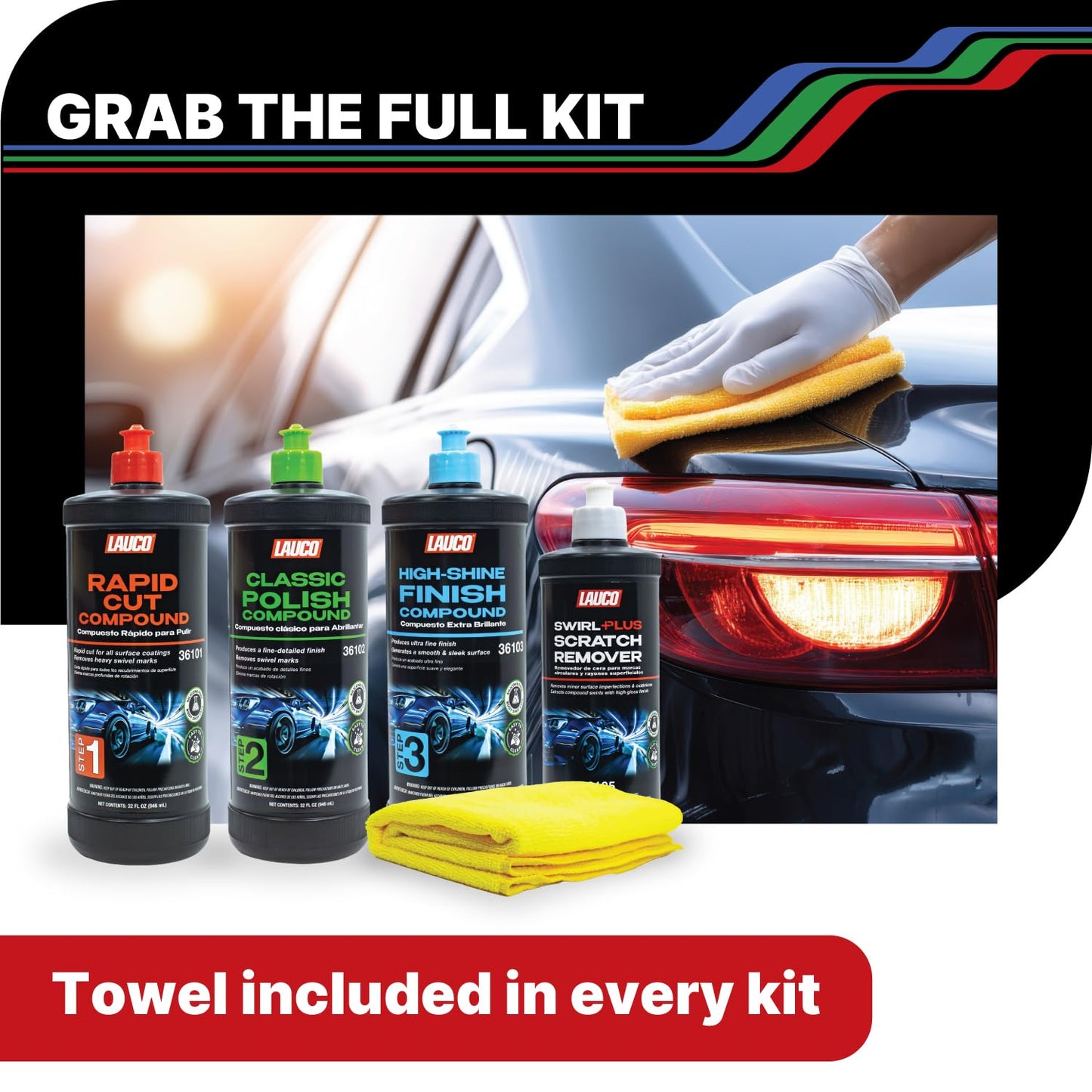 LAUCO Paint Correction Compounds Step 1, 2, 3, Swirl Remover 8oz Kits, with a Towel, Silicone-Free, Clear Coat Safe Scratch Remover, Swirl Correction & High Gloss Finishing