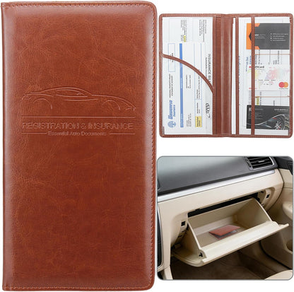 Car Registration and Insurance Holder, Premium Pu Leather Vehicle Glove Box Organizer - for Driver License, Cards & Essential Documents (L-Orange)