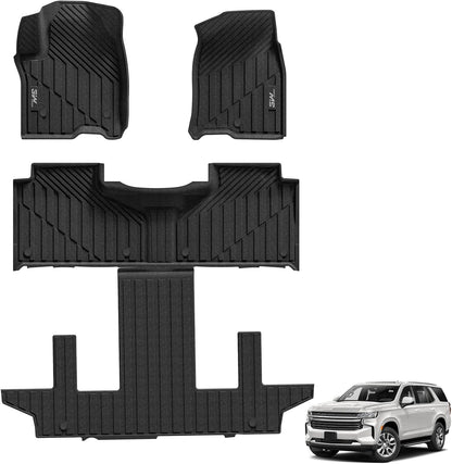 3W Floor Mats & Cargo Liner Fit for 2021 2022 2023 2024 2025 2026 Chevy Tahoe/GMC Yukon/Cadillac Escalade 7 Seat, TPE All Weather Custom Fit Car Accessories Heavy Duty Rubber Full Set Trunk Mats - Colors A