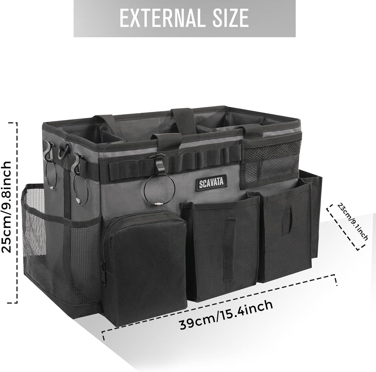 SCAVATA Wearable Cleaning Caddy Bag, Supplies Organizer with Handle & Shoulder Straps for Housekeepers, Under Sink & Car Cleaning Tool Organizer with 4 Foldable Dividers (Black)