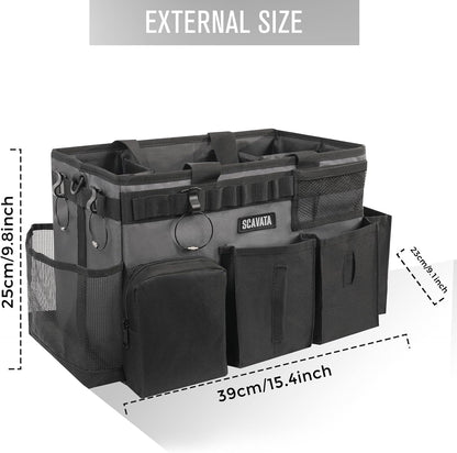 SCAVATA Wearable Cleaning Caddy Bag, Supplies Organizer with Handle & Shoulder Straps for Housekeepers, Under Sink & Car Cleaning Tool Organizer with 4 Foldable Dividers (Black)