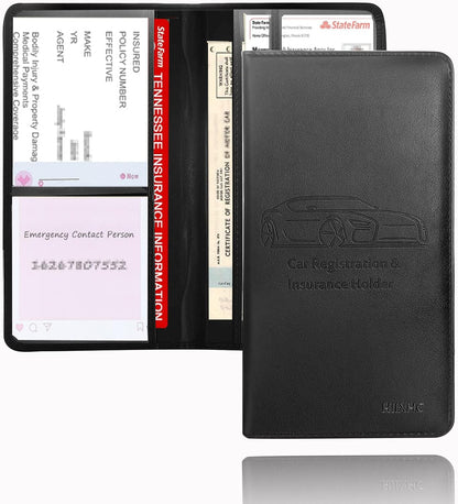 Car Registration and Insurance Card Holder - Leather Vehicle Glove Box Automobile Documents Paperwork Wallet Case Organizer for ID, Driver's License, Key, Cards - Car Accessories for Women&Men