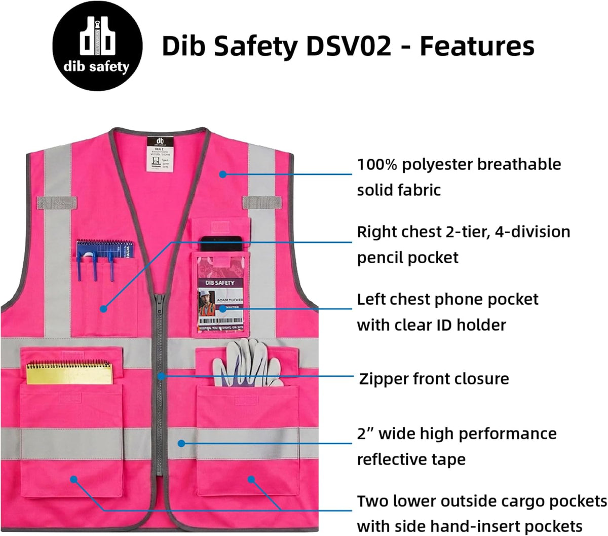 Dib Safety Reflective Safety Vest for Men Women, High Visibility Vest with Pockets and Zipper, ANSI Class 2