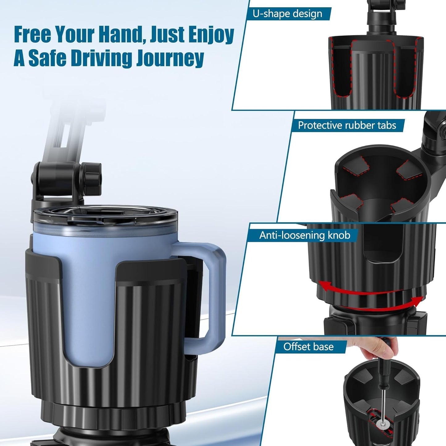 Phone Holders for Your Car Cupholder, 2 in 1 Cell Phone Holder Mount with Cup Holder Expandable Base, 360 Degree Rotating Neck, Fits All 4-7" Smartphones and Most Bottles, 1 Pack
