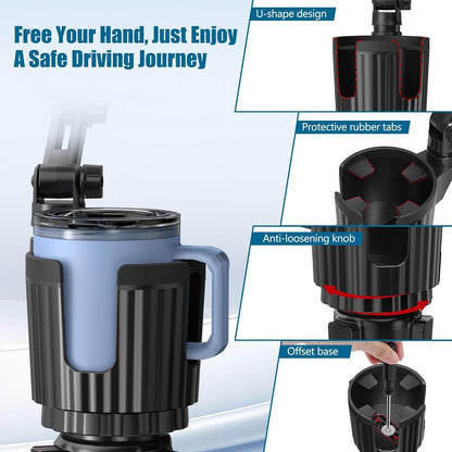 Phone Holders for Your Car Cupholder, 2 in 1 Cell Phone Holder Mount with Cup Holder Expandable Base, 360 Degree Rotating Neck, Fits All 4-7" Smartphones and Most Bottles, 1 Pack